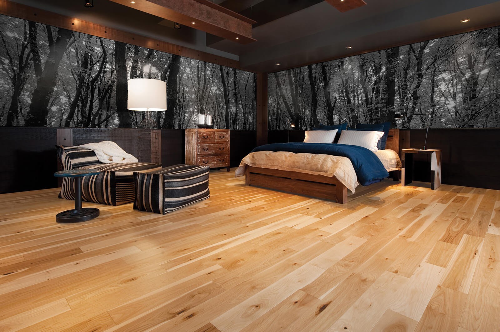 A finished remodeled bedroom with new wood floors